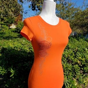 Handmade Rhinestone Detail Roses T-Shirt Slim Tee Orange Silver